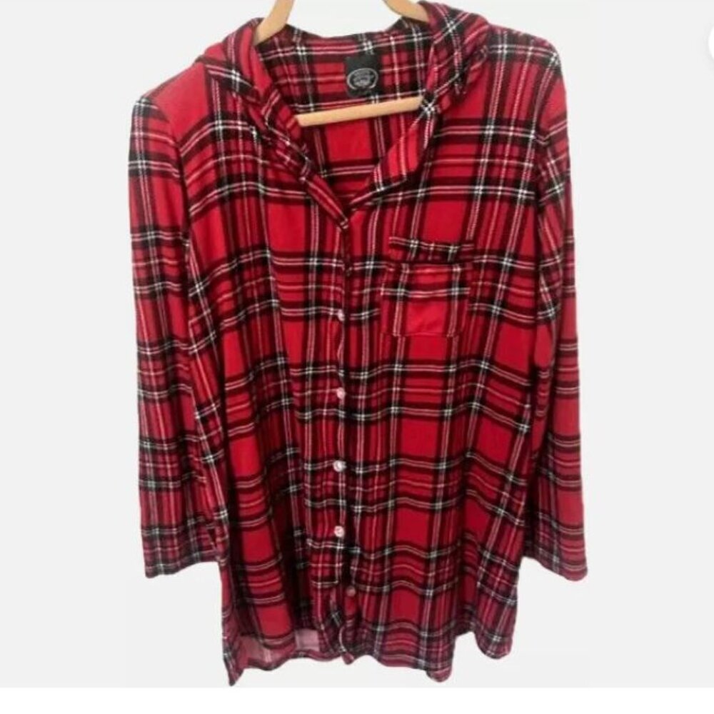 Laura Ashley Women's Large Nightshirt Red Plaid Flannel Long Sleeve Knee Length - Picture 2 of 5